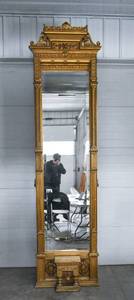 lot 1 image: Massive Carved Wood Floor Mirror with Gilt Finish