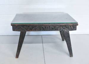 lot 50 image: Low Carved Wood Table with Glass Top