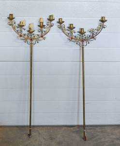 lot 62 image: Pair Metal Candelabras with Colored Glass