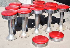 lot 111 image: Set of 11 Red Leather Barstools and 2 Stool Tops