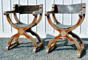 lot 10 image: Pair of Middle Eastern Inlaid Savonarola Chairs