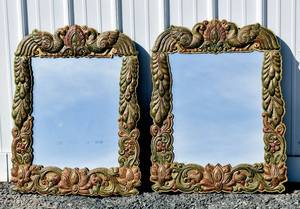 lot 9 image: Pair of Indian Brass Plated Wood Peacock Mirrors