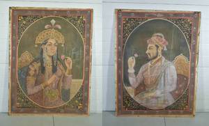 lot 60 image: Pair 18th c. Mughal Portrait Paintings of Seated Man & Woman with Floral Border