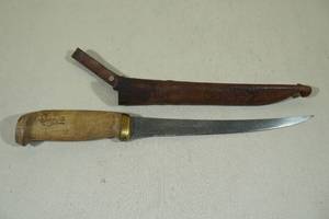 lot 54 image: Rapala Wood Handle Fillet Knife with Leather Sheath