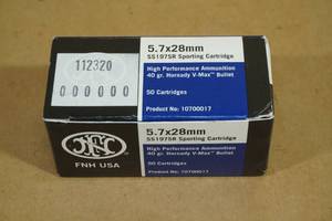 lot 107 image: 50 FNH 5.7 x 28mm 40 Gr Hornady V-Max Ammo