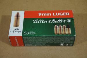 lot 111 image: 50 Sellier & Bellot 9mm Luger 115 Gr JHP Ammo