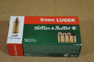 lot 112 image: 50 Sellier & Bellot 9mm Luger 115 Gr JHP Ammo