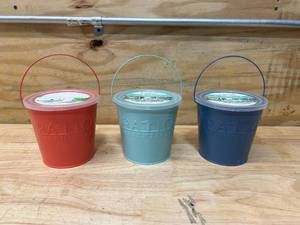 lot 34 image: PATIO ESSENTIALS Lot of 3- Citronella Candles in Decorative Buckets