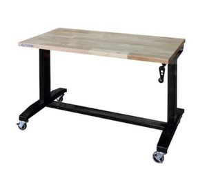 lot 97 image: HUSKY 46 in. W x 24 in. D Steel Adjustable Height Solid Wood Top Workbench Table in Black