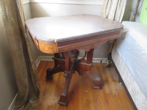lot 109 image: ANTIQUE, MARBLE TOP, SOLID WOOD TABLE