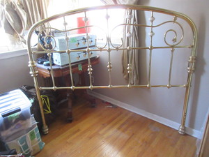 lot 115 image: BRASS QUEEN HEADBOARD WITH CERAMIC ACCENTS