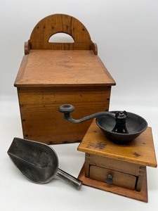lot 31 image: Antique Vintage Salt Box, Brighton Coffee Grinder & Vintage Scoop