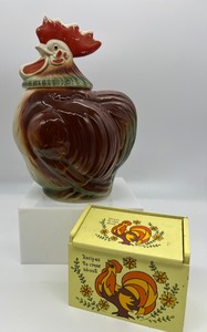 lot 48 image: Vintage Ceramic Rooster Cookie Jar and Wooden Recipe Card Box - Japan
