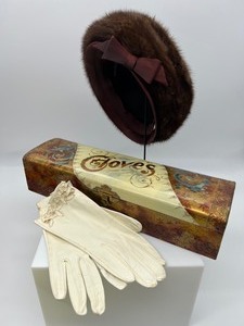 lot 96 image: Antique Victorian Celluloid Glove Box, Vintage Gloves & Fur Hat