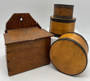lot 109 image: Vintage Antique Wood Salt Box  Cellar and Bentwood Pantry Boxes