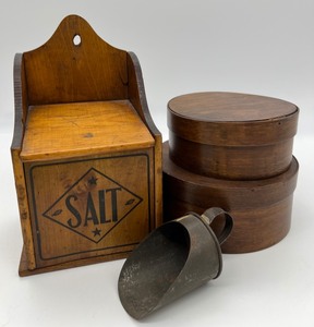 lot 111 image: Vintage Antique Wood Salt Box, Bentwood Shakers Boxes & Metal Scoop
