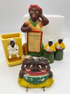 lot 113 image: Vintage Black Americana Notepad Holder, Match Holder, Salt, Pepper and More