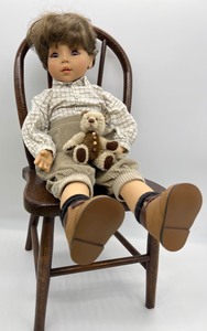 lot 138 image: Gotz German Boy Doll, Artisan Mohair Teddy Bear and Vintage Chair