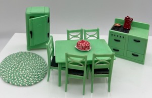 lot 148 image: Miniature Dollhouse Furniture - RENWAL Jadeite Green Kitchen