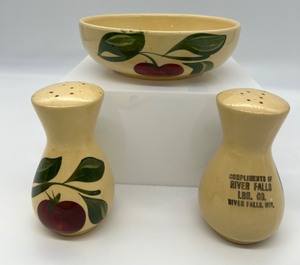lot 189 image: Vintage Apple Watts Ware Advertising Salt & Pepper and Bowl