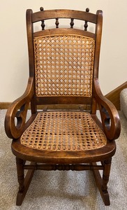 lot 240 image: Vintage Childs Wood Rocking Chair with Caned Seat & Back