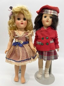 lot 248 image: Pair Vintage Ideal Toni Dolls P-90 - Plaid and Polka Dots