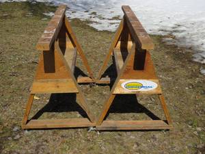 lot 20 image: Homemade set of Saw Horses on Caster Wheels