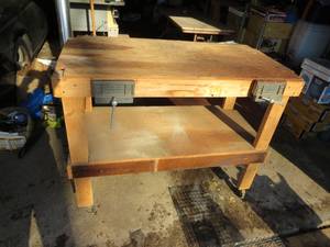 lot 83 image: Homemade Portable Workbench with 2 Bench Vises
