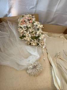 Vintage Wedding Gown, Veil & Bouquet