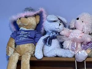 Decorative Wood Shelf and Stuffed Animals