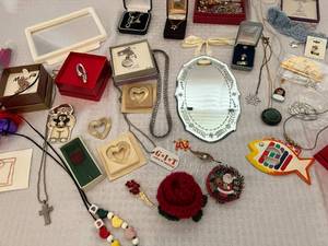 Assorted Jewelry Pins, Necklaces, Earrings, and More