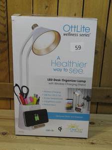 lot 59 image: OttLite Wellness Series Merge LED Desk Lamp With Wireless Charging, 18-14H, White ShadeWhite Base