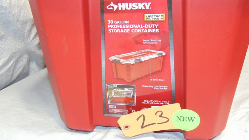 Husky 30-Gal. Professional Duty Waterproof Storage Container with Hinged Lid  in Red  Walker MN - Tool Sale - Hand Tools/Hardware, Garage Items, Power  Tools/Shop Equipment, Locksmith Supplies , Automotive/Mechanical Equipment,  Automotive