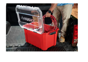 lot 22 image: Husky  30-Gal. Professional Duty Waterproof Storage Container with Hinged Lid in Red