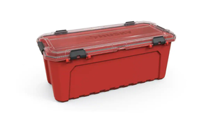 lot 24 image: Husky  30-Gal. Professional Duty Waterproof Storage Container with Hinged Lid in Red