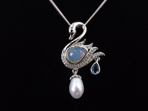 .925 Sterling Silver Genuine Pearl, Moonstone, and Topaz Swan Pendant Necklace