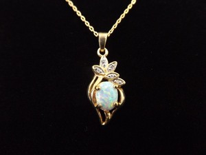 .925 Sterling Silver Diamond Accented Opal Cabochon Vermeil Pendant Necklace
