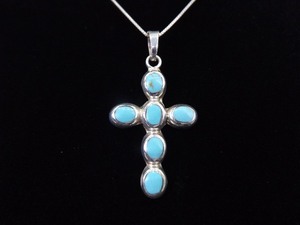 .925 Sterling Silver Turquoise Cross Pendant Necklace