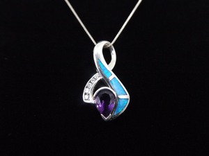 .925 Sterling Silver Opal and Amethyst Crystal Pendant Necklace