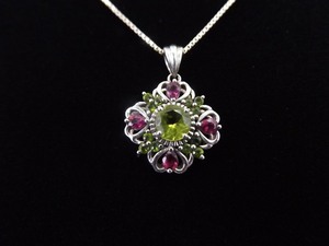 .925 Sterling Silver Amethyst Heart and Peridot Crystal Pendant Necklace