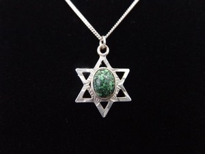 .925 Sterling Silver Green Dalmatian Jasper Cabochon Star of David Pendant Necklace