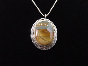 .925 Sterling Silver Signed Jasper Cabochon Pendant Necklace
