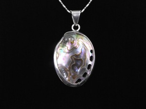 .925 Sterling Silver Large Blue Mother of Pearl Pendant Necklace
