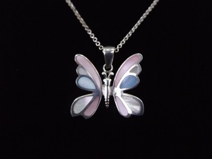.925 Sterling Silver Large Blue, Pink and White Mother of Pearl Butterfly Pendant Necklace