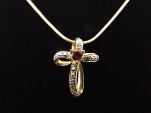 .925 Sterling Silver Diamond Accented Garnet Heart Cross Vermeil Pendant Necklace