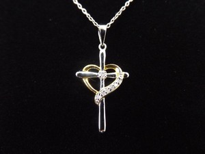 .925 Sterling Silver 14k Yellow Gold Diamond Accented Cross Heart Pendant Necklace