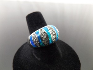.925 Sterling Silver Inlayed Opal Crystal Ring Size 8