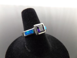 .925 Sterling Silver Inlayed Opal and Amethyst Ring Size 7.75
