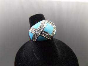 .925 Sterling Silver Turquoise Enamel Crystal Ring Size 6