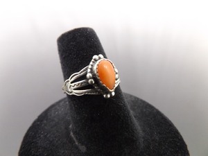 .925 Sterling Silver Red Coral Cabochon Navajo Ring Size 6
